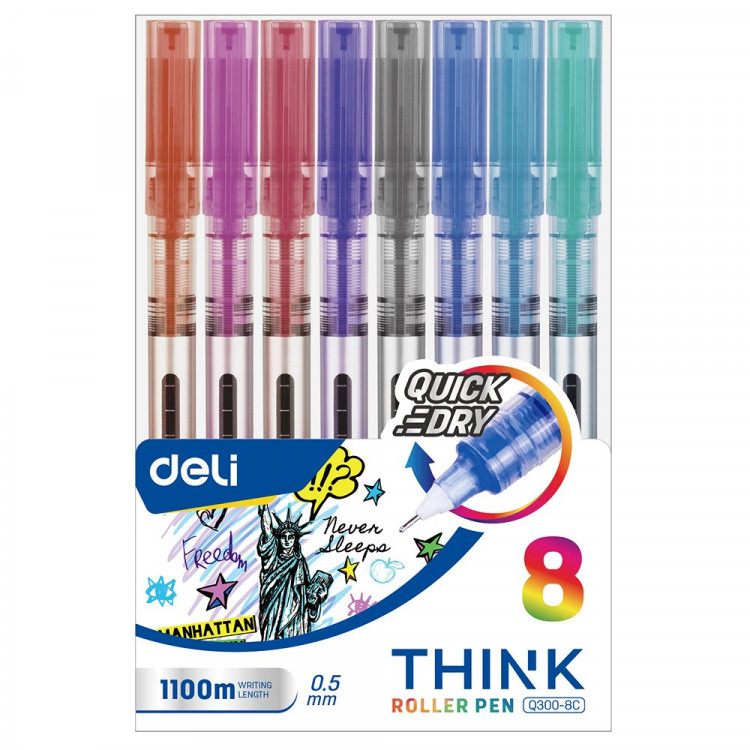 Набор ручек капилярных 8 цветов (Deli) Think d=0.5мм стреловидный пишущий наконечник арт.EQ300-8C