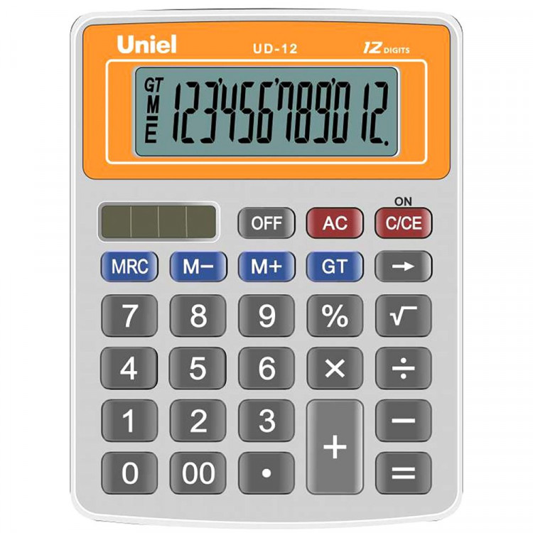 Калькулятор настольный 12 разрядов, двойное питание UNIEL  126*95*25, оранжевый дисплей (UD-12О)  (Ст.1)