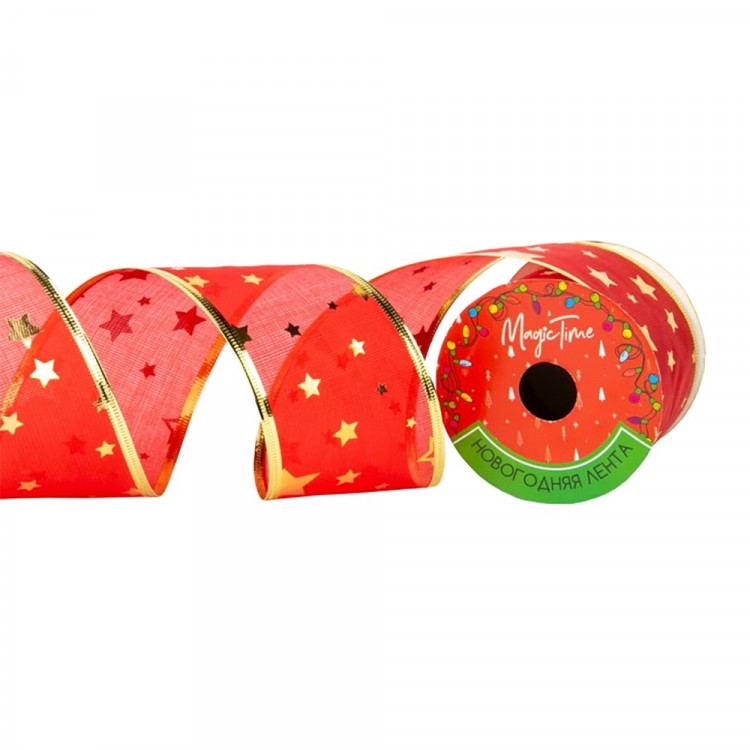 Лента новогодняя полиэстер на леске 6,3*270см цв.красный/золото арт.90810