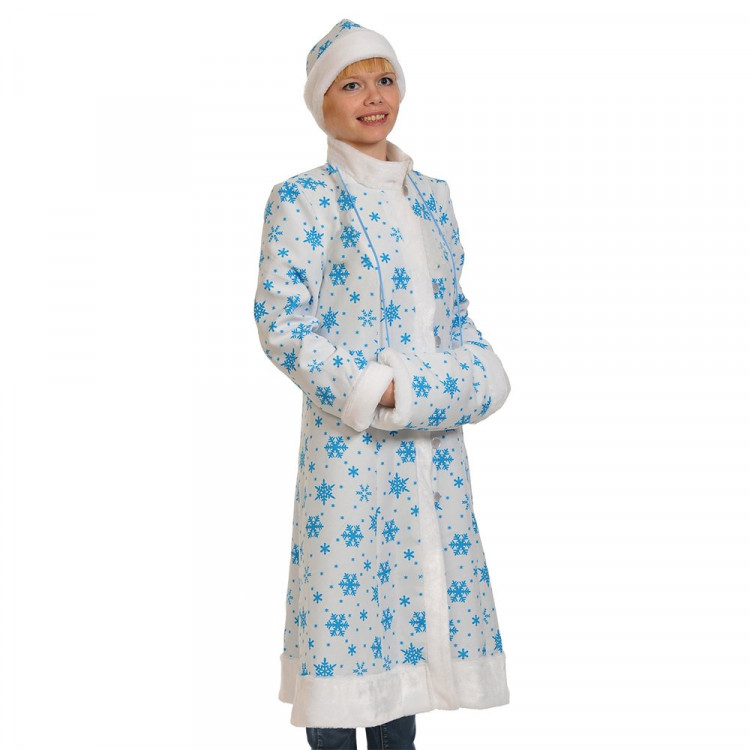 Костюм взрослый Снегурочка лайт МИДИ (халат,шапка,муфта) р.46-48/165 цв.бел/голубой арт.00-1065-M