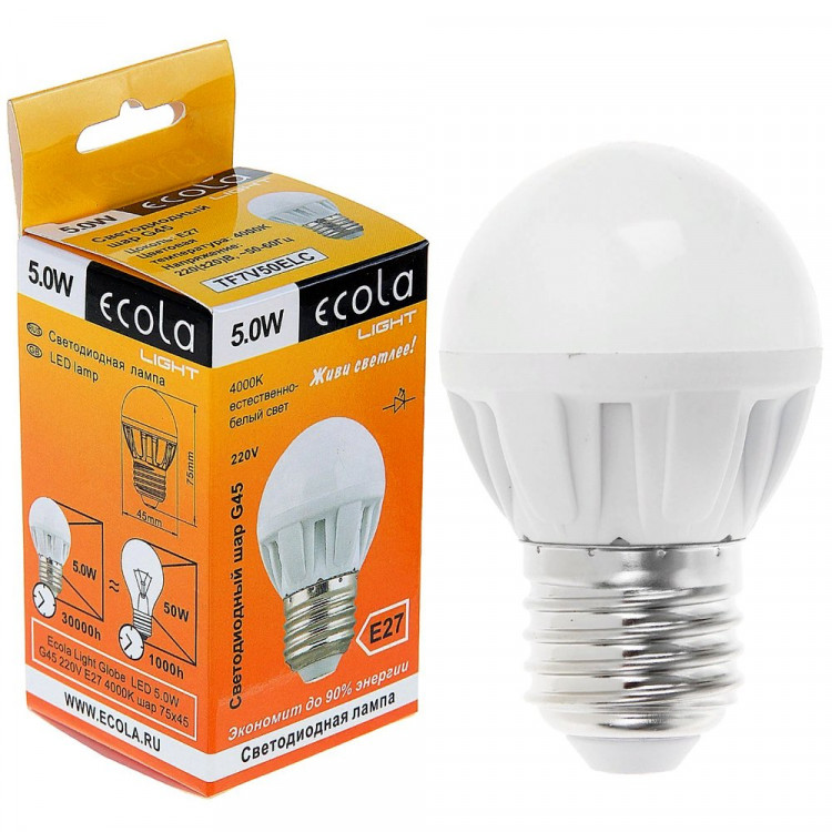 Лампа светодиодная Е27  5Вт 4000К (нейтральный) Ecola шар (Ст.10)