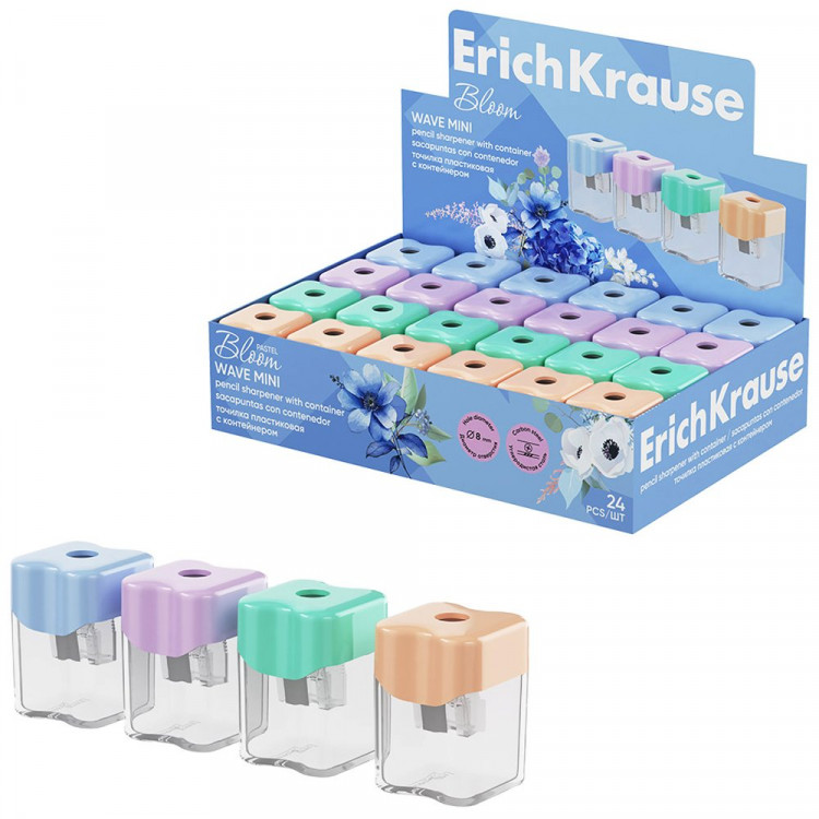 Точилка пластиковая ErichKrause Wave Mini, Pastel Bloom, с контейнером, ассорти арт.60044