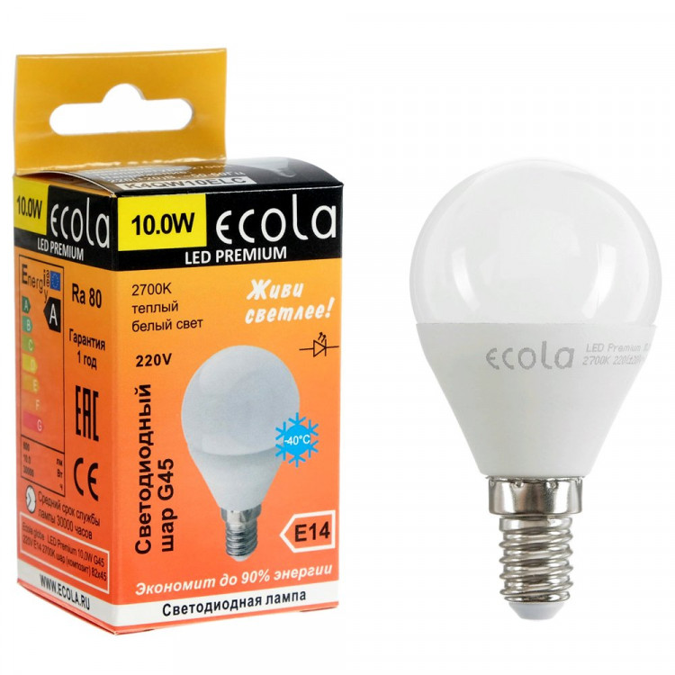 Лампа светодиодная Е14 10Вт 2700К (теплый) Ecola Premium шар (Ст.10)