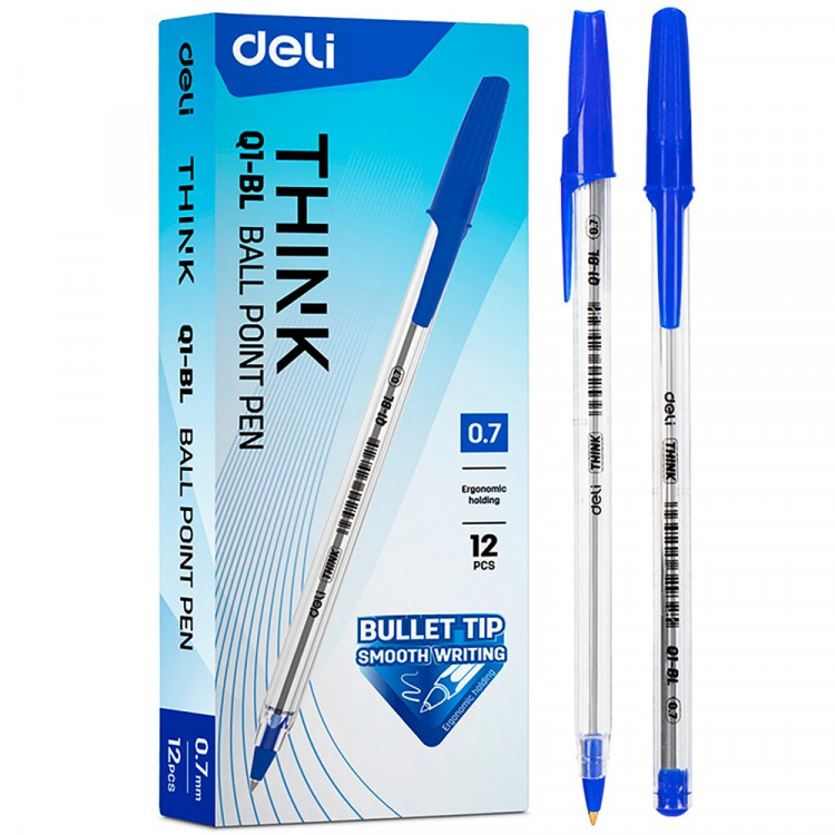 Ручка шариковая Deli Think прозрачный корпус, синяя 0,7мм арт.EQ1-BL  (Ст.12)