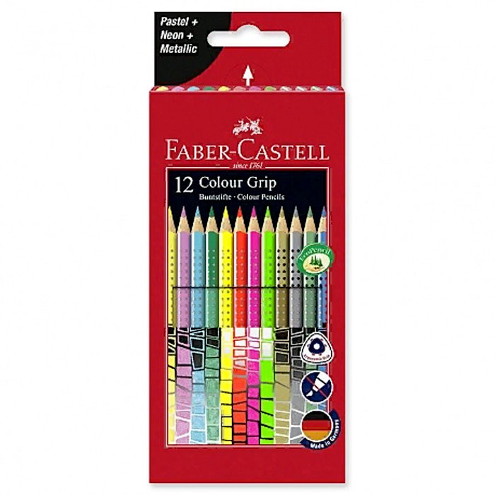 Набор карандашей цветных (Faber-Castell) Grip 12 цветов неон пастель металлик трехгранные  арт.201569