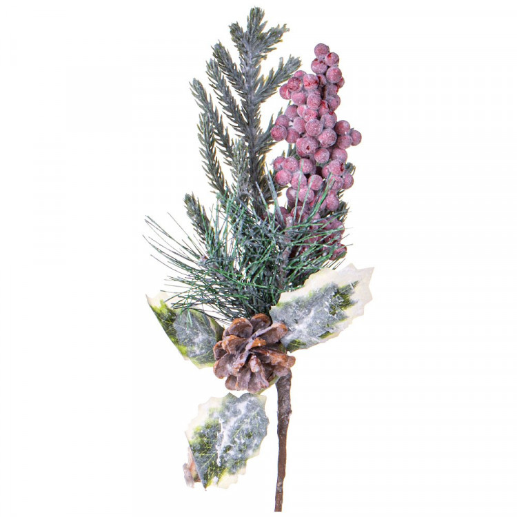 Украшение декоративное "Ветка. Хвоя, ягоды, шишка, листья" 33см заснеженная арт.227-572