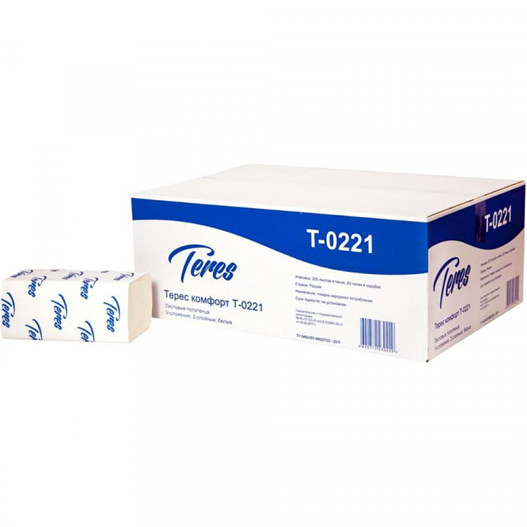 Полотенце бумажное V(ZZ)-сложение 2-сл 200л Терес Комфорт (22*23) Система H3  белые арт.Т-0221 (Ст.20)