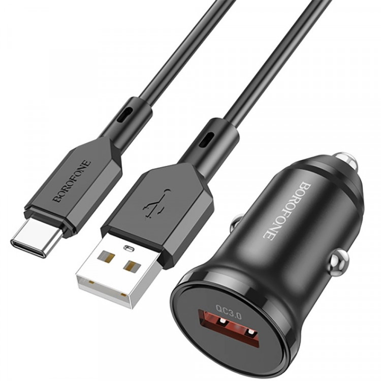 Блок питания автомобильный 1 USB Borofone BZ18, QC,FCP,AFC, кабель Type-C, цвет: чёрный