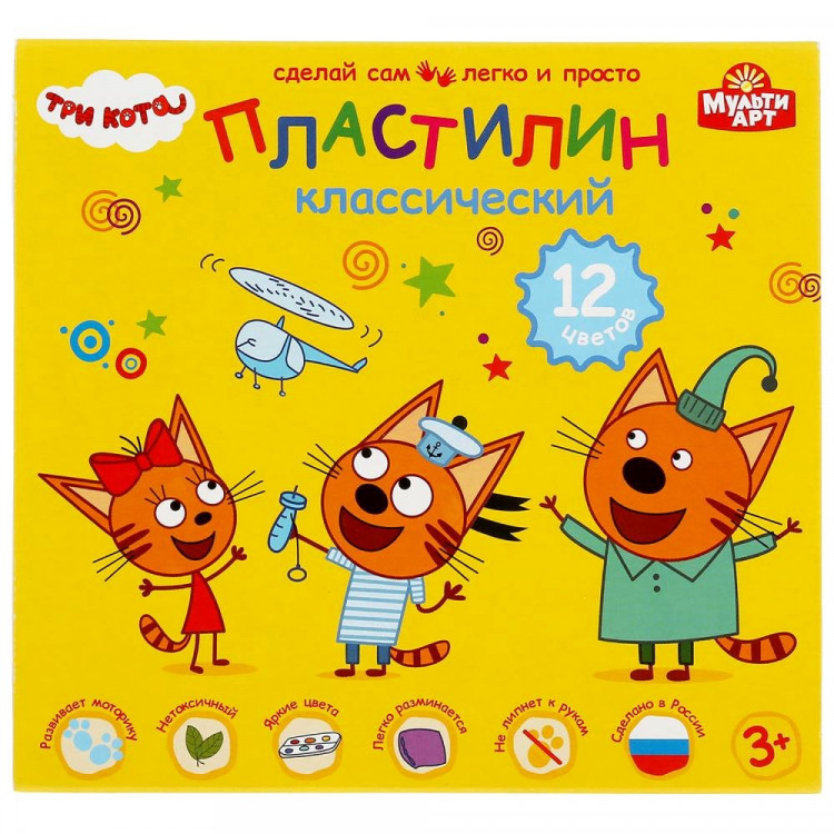 Пластилин 12 цветов 180 грамм (MultiArt) Три Кота со стеком картонная коробка арт 100MODCLAY-12-180G-TC