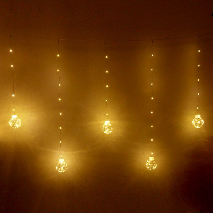Гирлянда электрическая для дома занавес Бахрома 2,5*0,5/0,8м 200LED "Шар" цвет теплый белый (темный провод) артемный 183-215