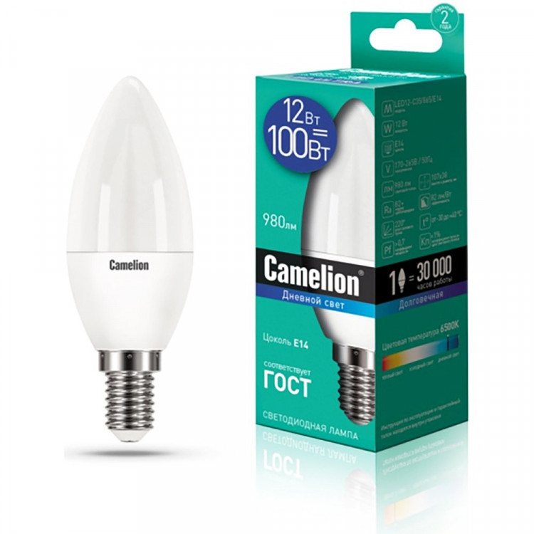 Лампа светодиодная Е14 12Вт 6500К (холодный) Camelion свеча (Ст.10)