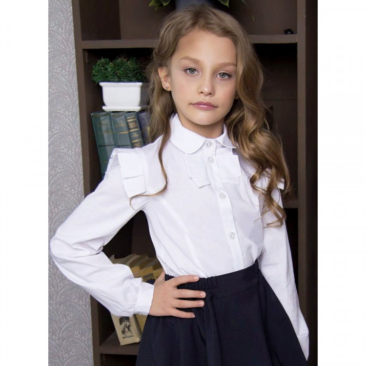 Блузка для девочки (Каталея) длинный рукав цвет белый арт.Анна воротник размерный ряд 32/128-38/146