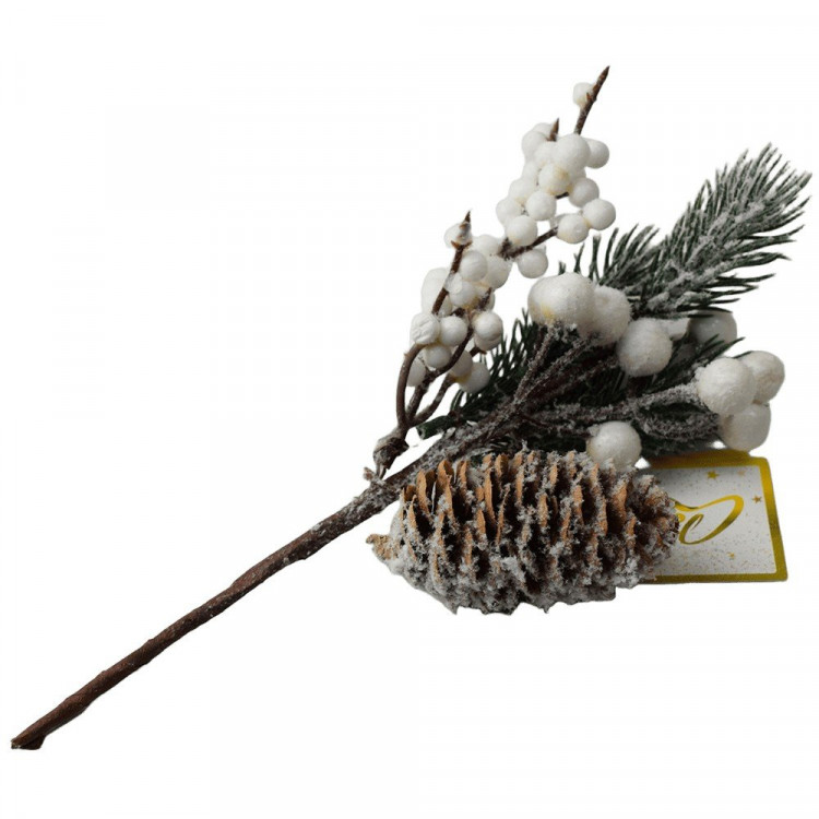 Украшение декоративное "Ветка. Хвоя, ягоды, шишка" 24см заснеженная арт.201-4320