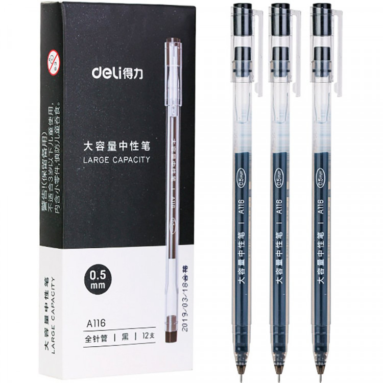 Ручка гелевая прозрачный корпус (Deli)  A116-BK черный, 0,5мм арт.A116-BK (Ст.12)