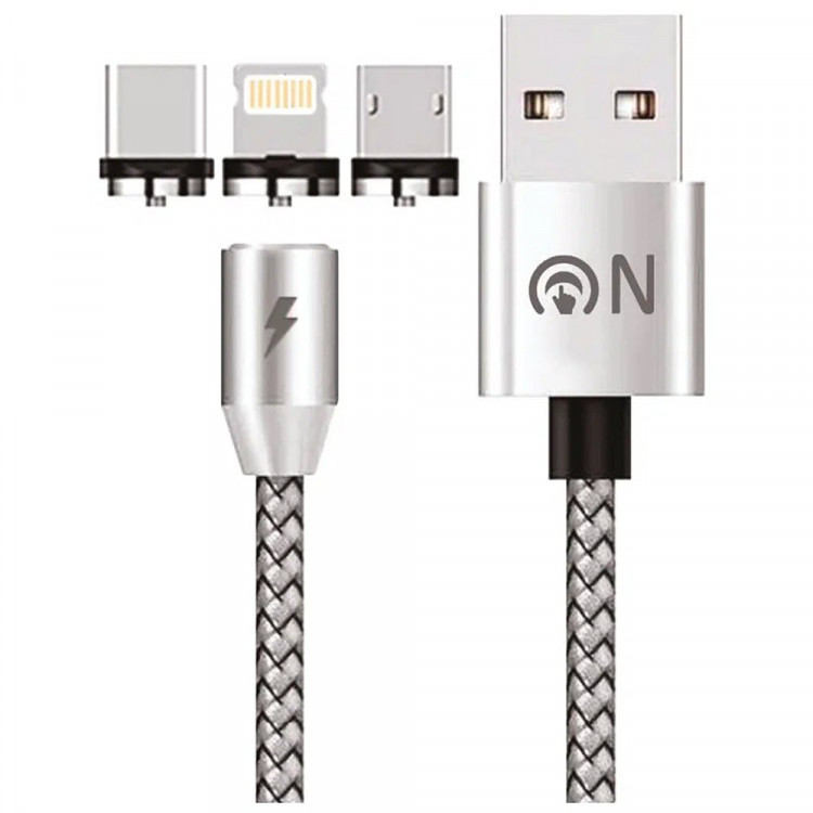 Кабель USB - 8 pin,Type-C FaisON FS-K-789 Tres,1.0м,круглый,2.1A,нейлон,3 в 1,магнит,цв.серебряный