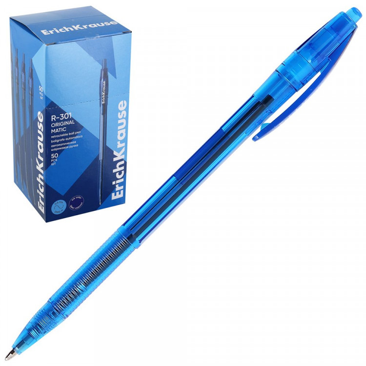 Ручка шариковая автоматическая (ErichKrause) R-301 Original Matic прозрачный корпус синий, 1/0,5мм арт.60977 (Ст.50)