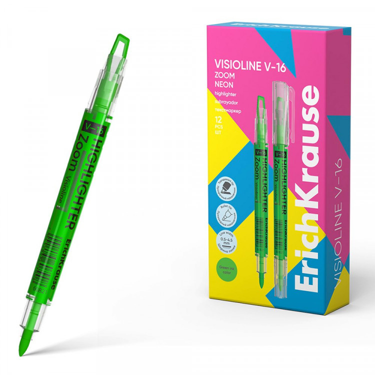 Маркер флюорисцентный ErichKrause Visioline V-16 Zoom Neon 0,5-4,5мм скошенный зеленый арт.60821 (Ст.12)