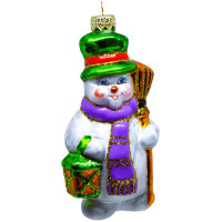 Украшение на ёлку стекло 14см "Снеговик с фонариком" зеленый п/у арт.ФУ-590/3