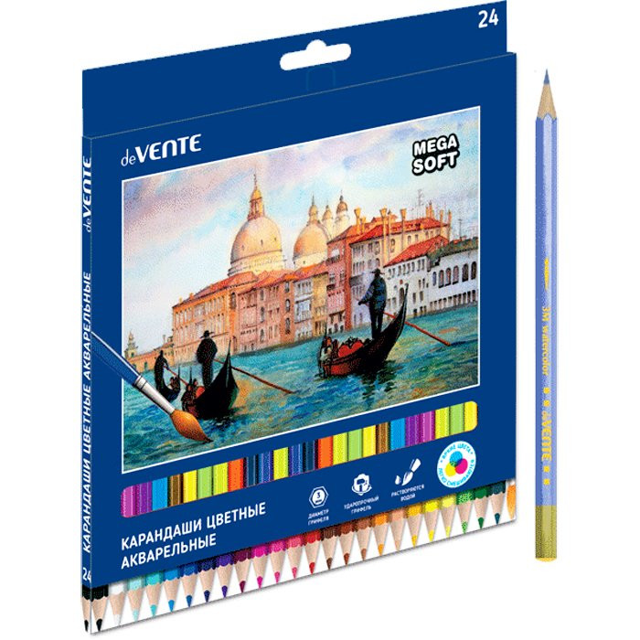 Карандаши цветные акварельные (deVENTE)  Trio Mega Soft с кисточкой 24 цветов 3М 3мм арт.5024121