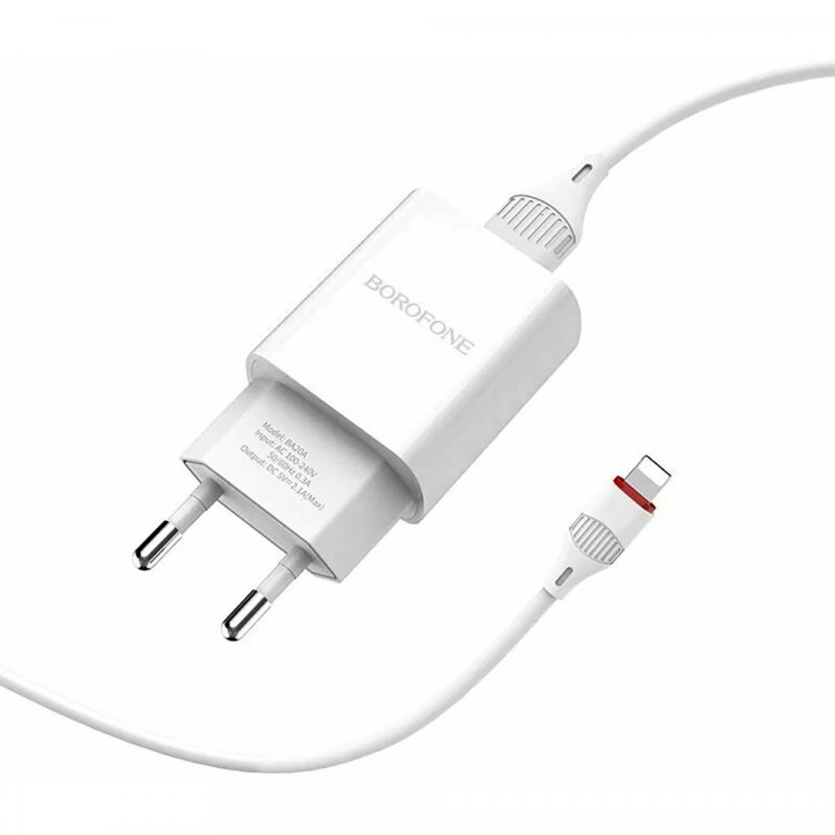Блок питания сетевой 1 USB Borofone BA20A, Sharp, 2100mA, кабель Type-C, цвет: белый