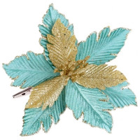Украшение декор. на клипсе "Цветок. Пуансеттия" 20см цв.бирюзово-золотой арт.87445
