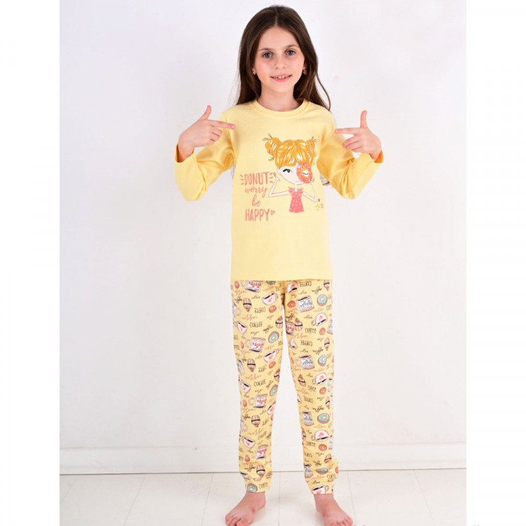 Пижама для девочки артикул 34960 (лонгслив+брюки) размерный ряд 28/104-30/116 цвет желтый