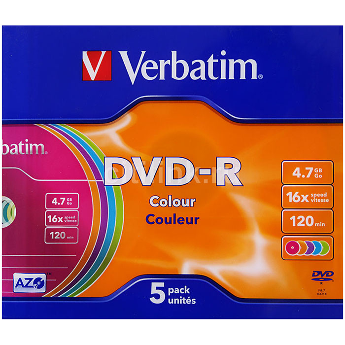 Диск  DVD-R Verbatim 4,7Гб 16x Slim Case (ст.5) color штука