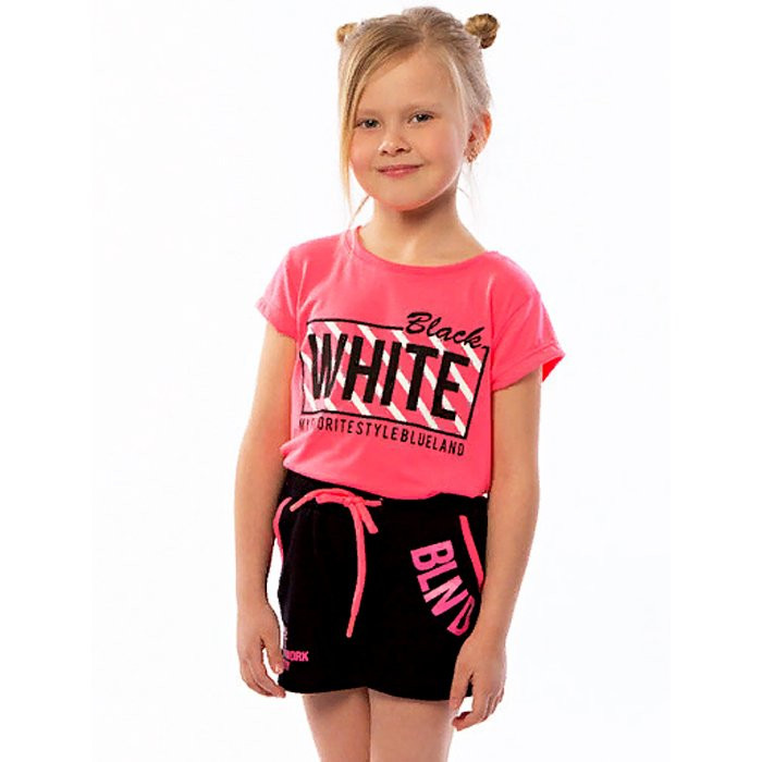 Костюм для девочки (Blueland) артикул 2565 размерный ряд 28/110-32/128 (футболка+шорты) цвет розовый/черный