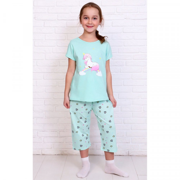 Пижама для девочки (Мурлыка) артикул 0176 (футболка+бриджи) размерный ряд 28/104-34/134 цвет ментол
