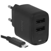Зарядное устройство сетевое 2USB + кабель MicroUSB HOCO C141A Smart, черный