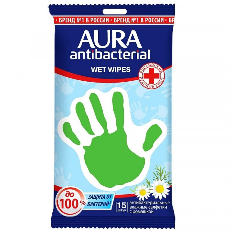Салфетки влажные AURA Ромашка антибак 15 штук в пачке