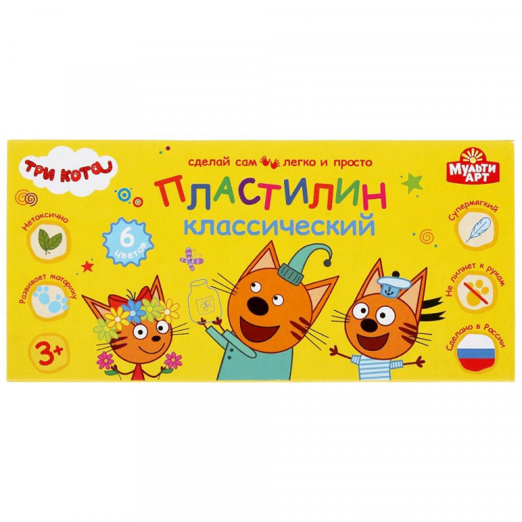 Пластилин 6 цветов 120 грамм (MultiArt) Три Кота со стеком картонная коробка арт MODCLAY-6-120G-TC
