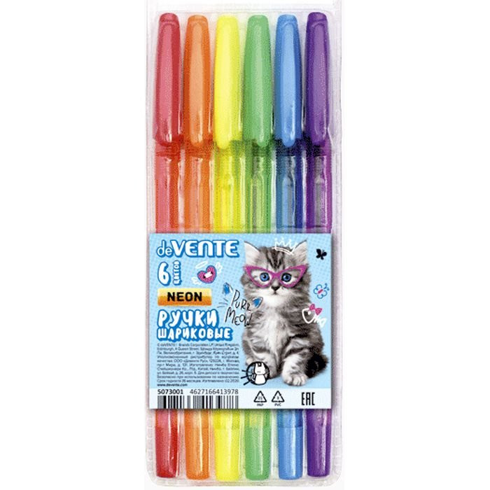 Набор ручек шариковых 6 цветов (deVENTE) Purr Meow неон в пластиковом блистере арт.5073001