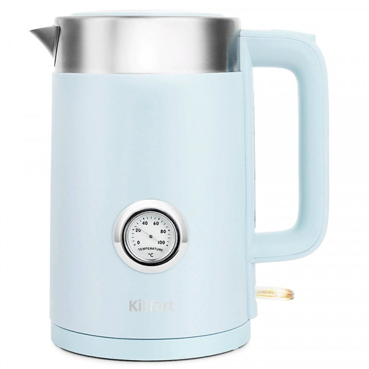 Чайник пластиковый 1,7л Kitfort, 2200Вт, голубой, с термометром, КТ-659-3