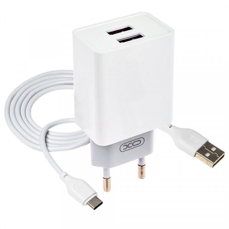Зарядное устройство сетевое  XO-L65, 2.4А, 12Вт, USBx2, блочок, кабель Type-C белое