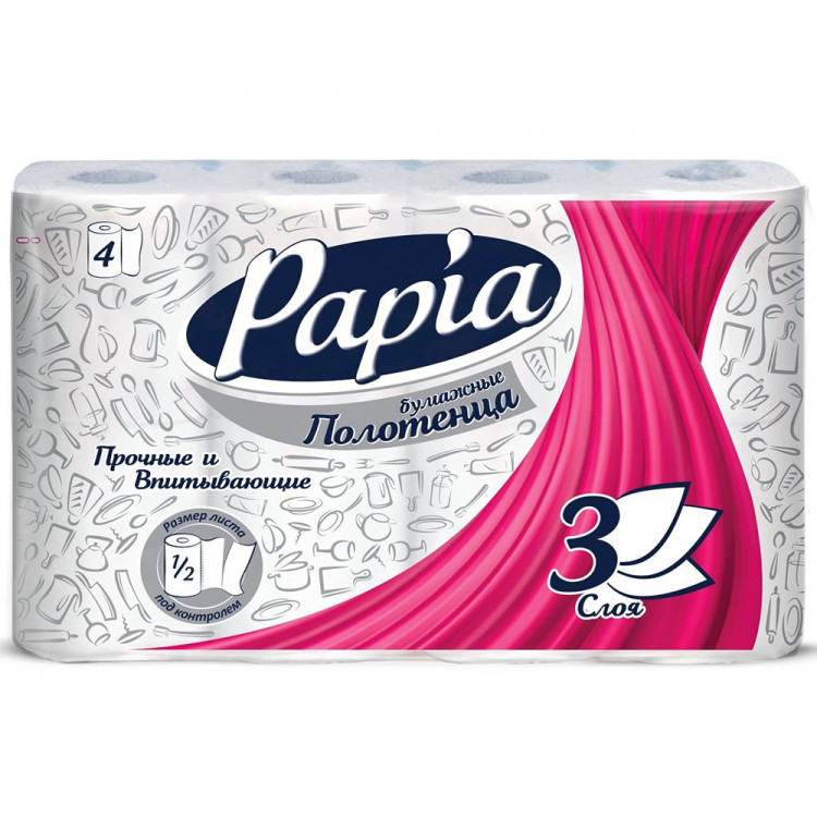 Полотенце бумажное 3-слоя 4 рулона в упаковке Papia