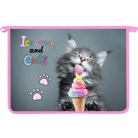 Папка школьная для тетрадей А4 на молнии (Оникс) Котёнок с мороженкой дизайн с двух сторон арт ПТ-835