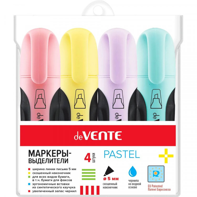 Маркер флуорисцентный  deVENTE 1-5мм пастельные, набор 4шт желтый/розовый/фиалковый/бирюзовый арт.5045809 (Ст.12)