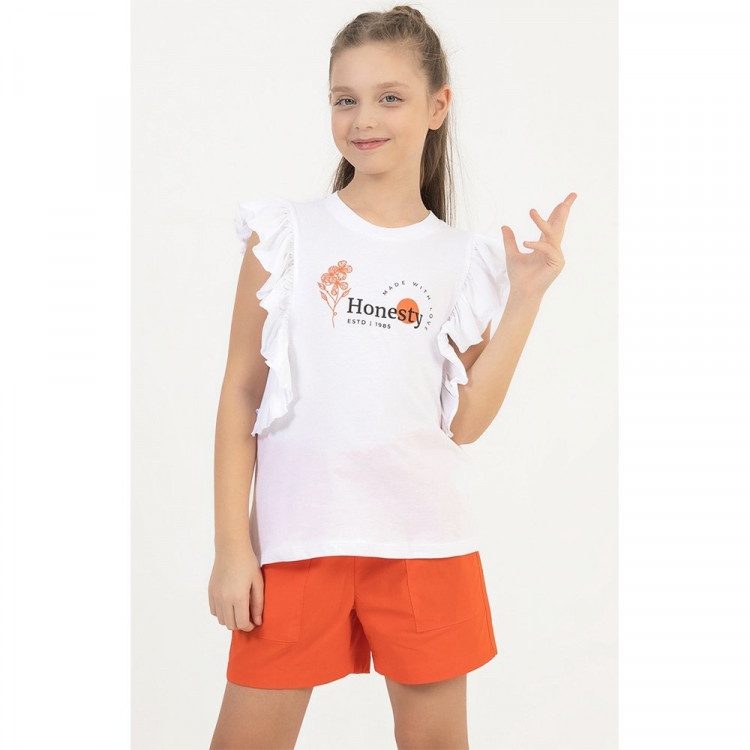 Комплект для девочки артикул DMB 2934 размерный ряд 34/134-44/164 (футболка+шорты) цвет оранжевый