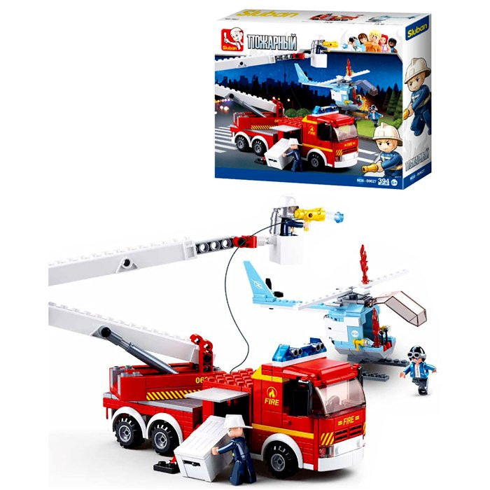 Конструктор пластиковый Пожарные. Пожарная машина с вертолетом 394 деталей (Sluban) арт.M38-B0627