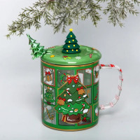 Кружка стеклянная 400мл "Ёлочка" с крышкой и ложкой, п/уп. арт.891-0616