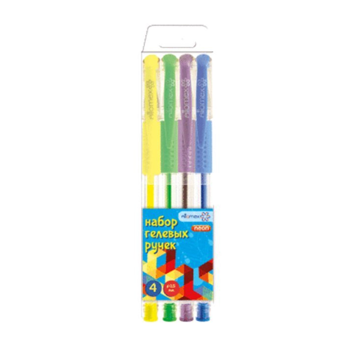 Набор ручек гелевых 4 цветов (Attomex) флуоресцентные в пластиковом блистере, резиновый грипп арт.5051648