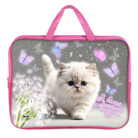 Папка А4 текстиль на молнии ручка-тесьма широкая боковинка (Оникс) Белый котик  арт.ПМД 4-20