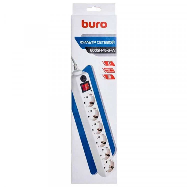 Сетевой фильтр BURO 6 розеток, 3 метра, (600SH-16-3-W), белый