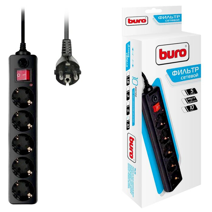 Сетевой фильтр BURO 500SH-10-B, 10м, черный (5 розеток)