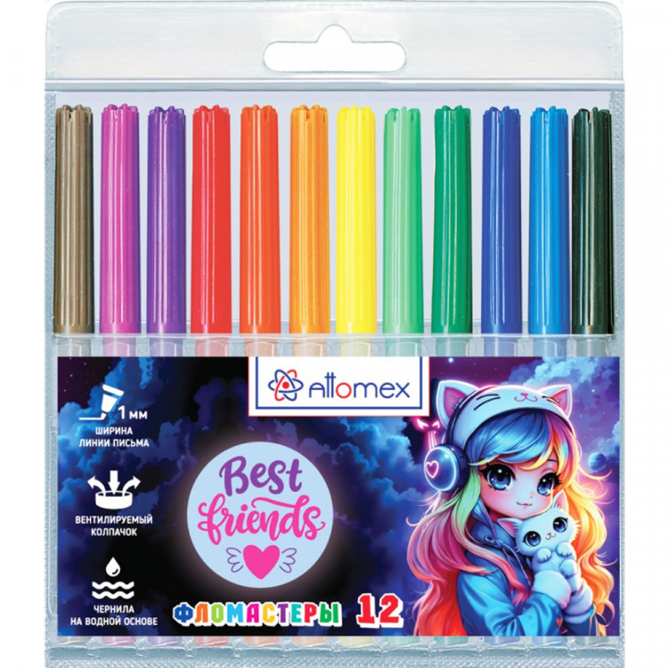 Фломастеры Attomex Лучшие друзья (Best Friends) 12 цветов вентилируемый колпачок, пластиковый блистер арт.5081618
