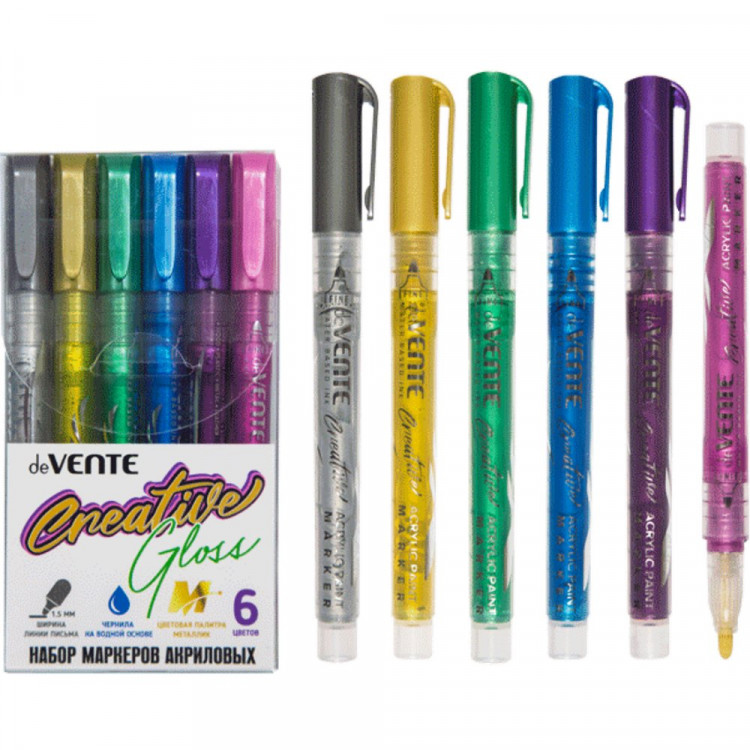 Маркеры акриловые deVENTE Блеск (Gloss) 6 цветов Металлик ширина линии 1,5 мм пулевидный наконечник пластиковая упаковка арт 5044305