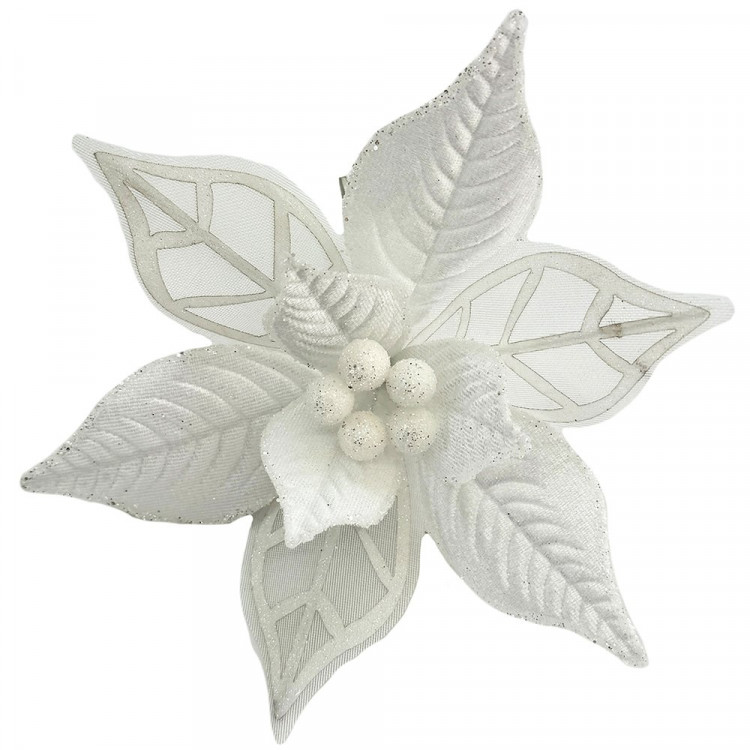 Украшение декор. на клипсе "Цветок. Пуансеттия" 21см цв.белый/серебро арт.92433