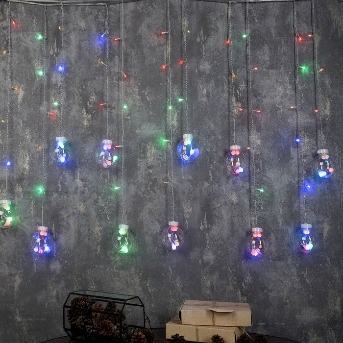 Гирлянда электрическая для дома занавес Бахрома 2,4*0,7м 108LED "Шарики" цвет мульти (светлый провод) 8режимов арт.2361715