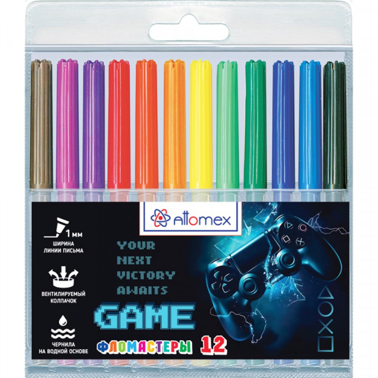 Фломастеры (Attomex) GAME 12 цветов вентилируемый колпачок, пластиковый блистер арт.5081619
